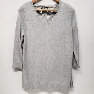 Talbots Medium Silver Sparkle Knit V-Neck Pullover Sweater Metallic Tie Back GUC